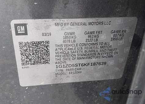 2019 Chevrolet Malibu Lt из США, поврежденный, VIN 1G1ZD5ST6KF187639